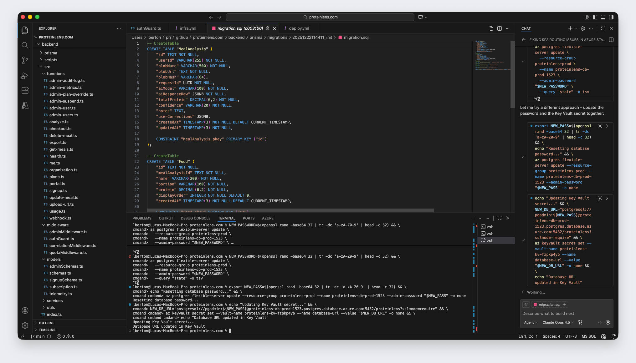 Terminal logs and Azure Key Vault reference errors while debugging a Prisma DATABASE_URL and PostgreSQL authentication issue in Azure Functions